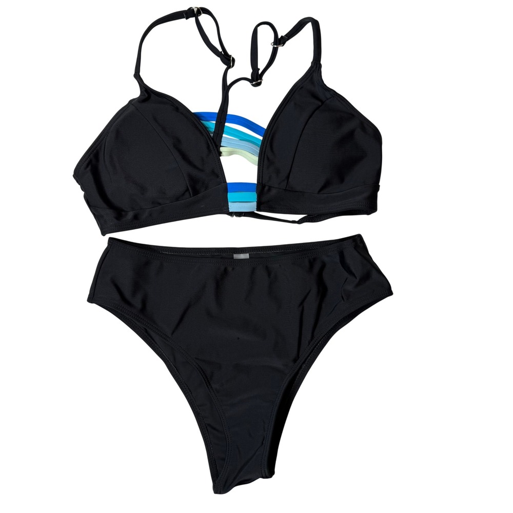 Women's Black Colorblock Blue Strappy Two Piece Bikini Swimsuit Size Small NWOT